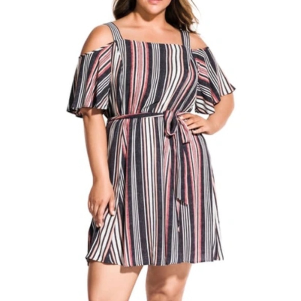 City Chic rose Striped belted Cold Shoulder Dress Sz 18 New
